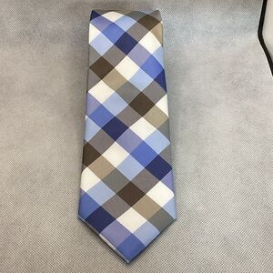 Nautica Blue, Gray & Cream Plaid Silk Tie